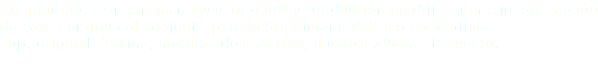 Conjunto de residencias nuevas tipo loft y subdivisión modificación e incorporación de casa contigua al conjunto para la Sra Ximena Velasco en Santiago.
Sup. original: 291m2; modificados: 291m2; nuevos: 286m2. Proyecto. 